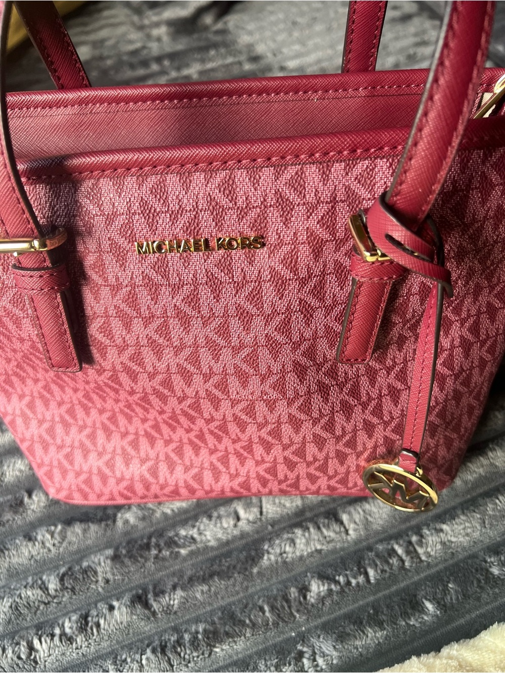 Michael Kors burgundy Monogram Saffiano Tote with Gold Hardware